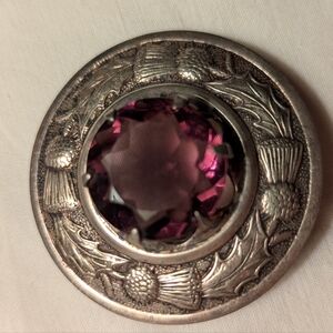 Vintage Silver Tone ScottishCeltic Thistle Purple Stone Circular Brooch/Kilt Pin
